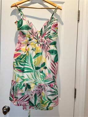 Tropical Leaf-Print Mini Dress in Green & Pink